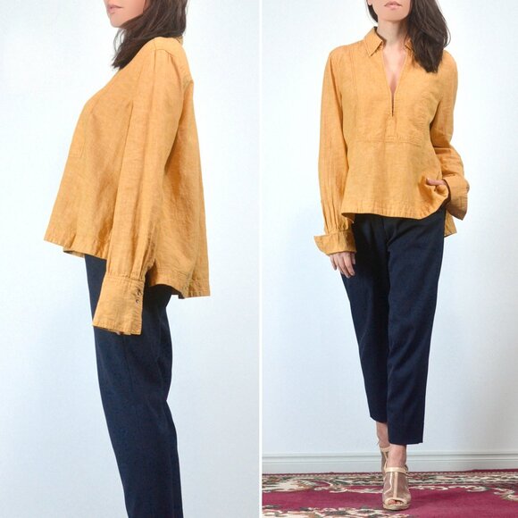 Free People Yellow Long Sleeve Collared Blouse, V-neck Linen Cotton Loose Top - Picture 2 of 8